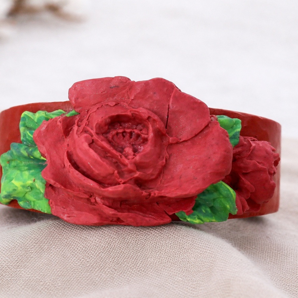 Handmade Red Rose Cuff Bracelet, Romantic Artisan Jewelry Polymer Clay Bracelet - Picture 4 of 9
